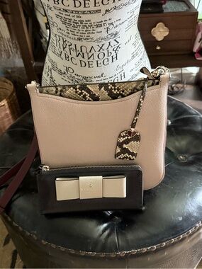 kate spade ♠️ pale pink leather shoulder bag with snakeskin trim & wallet bundle